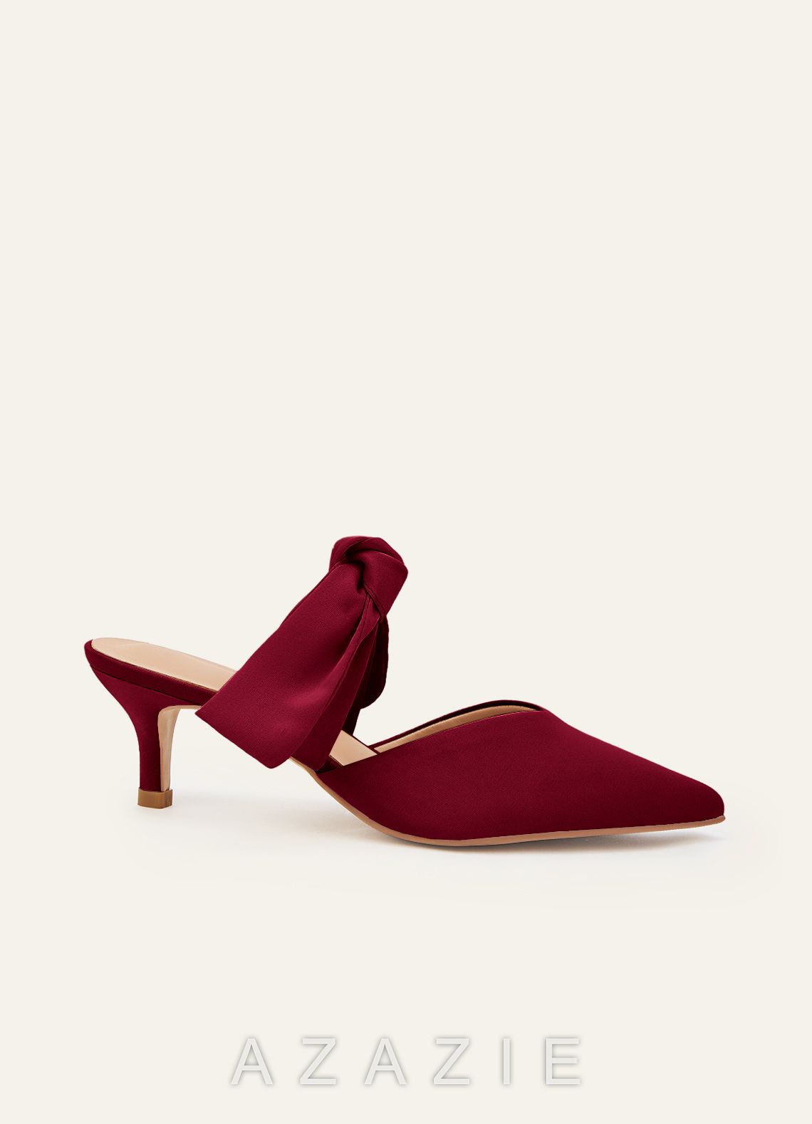 Matching Color Stretch Satin Bow Pointed Toe Kitten Heel Mules