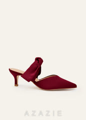 Matching Color Stretch Satin Bow Pointed Toe Kitten Heel Mules