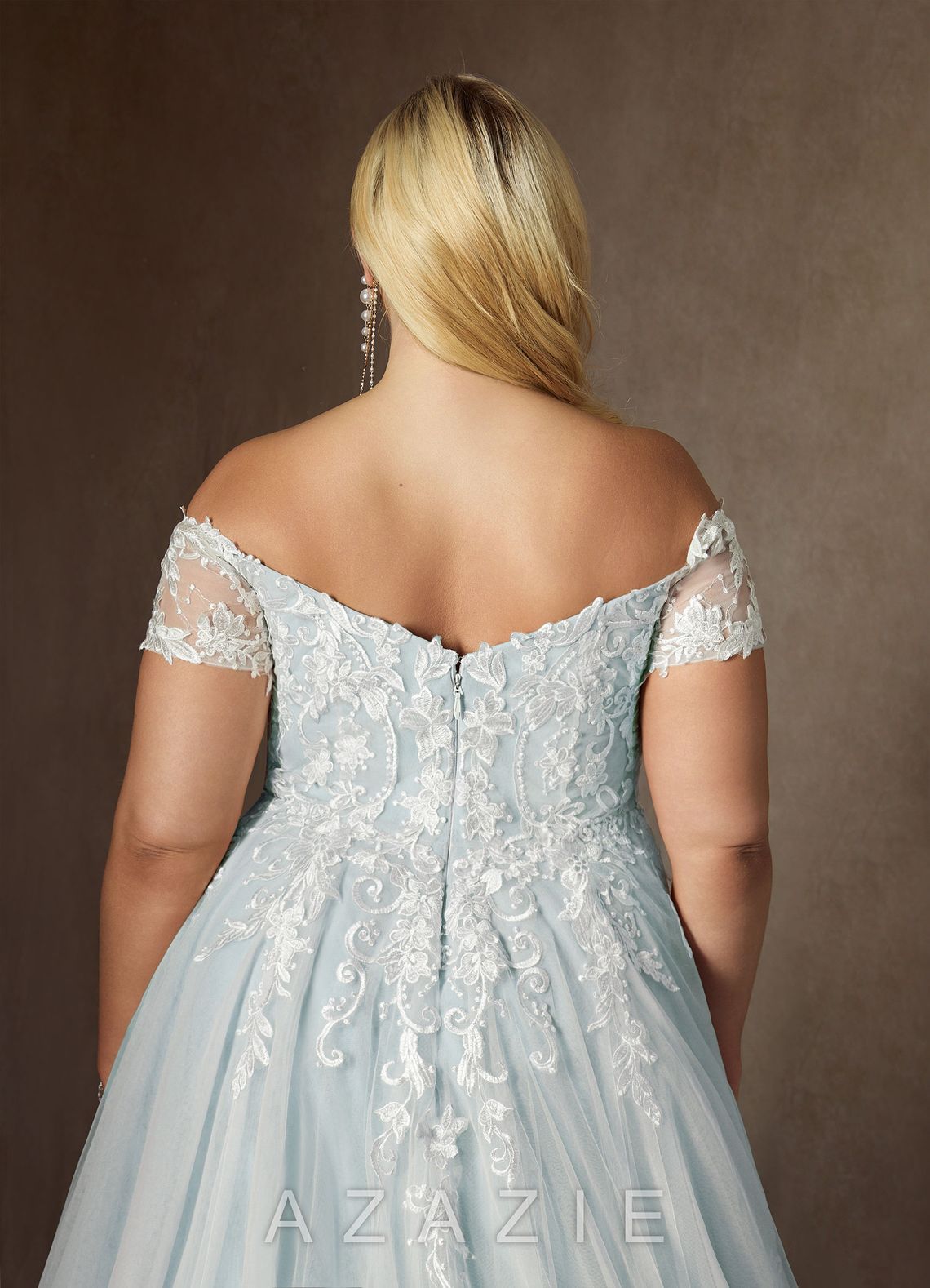 Azazie Rowe Wedding Dress Cloudy Blue Ball-Gown Off the Shoulder Tulle Dress