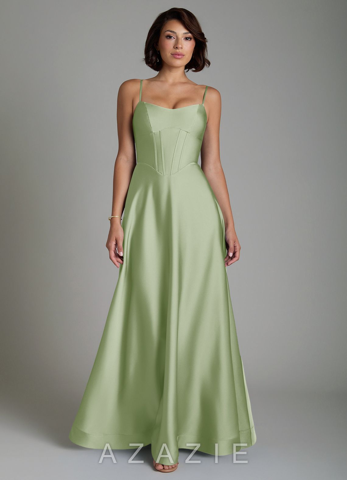 Azazie Nona Dusty Sage A-Line Pleated Stretch Satin Dress
