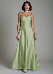 Azazie Nona Dusty Sage A-Line Pleated Stretch Satin Dress