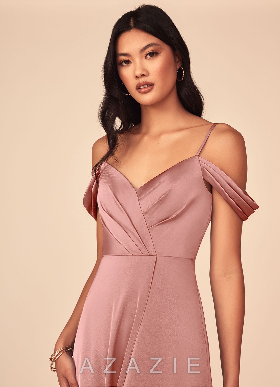 Azazie Ocean Rosette A-Line V-Neck Pleated Stretch Satin Dress rosette