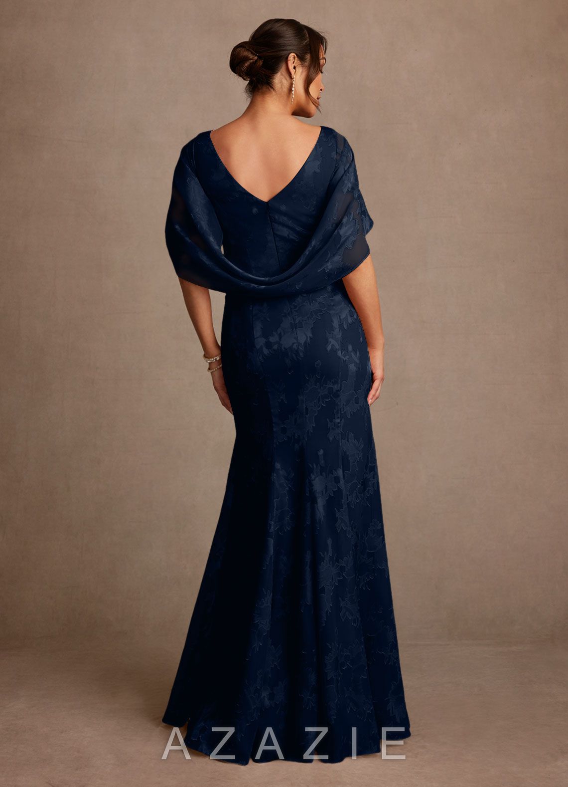 Azazie Belladonna Dark Navy Mermaid Pleated Floral Burnout Dress dark_navy