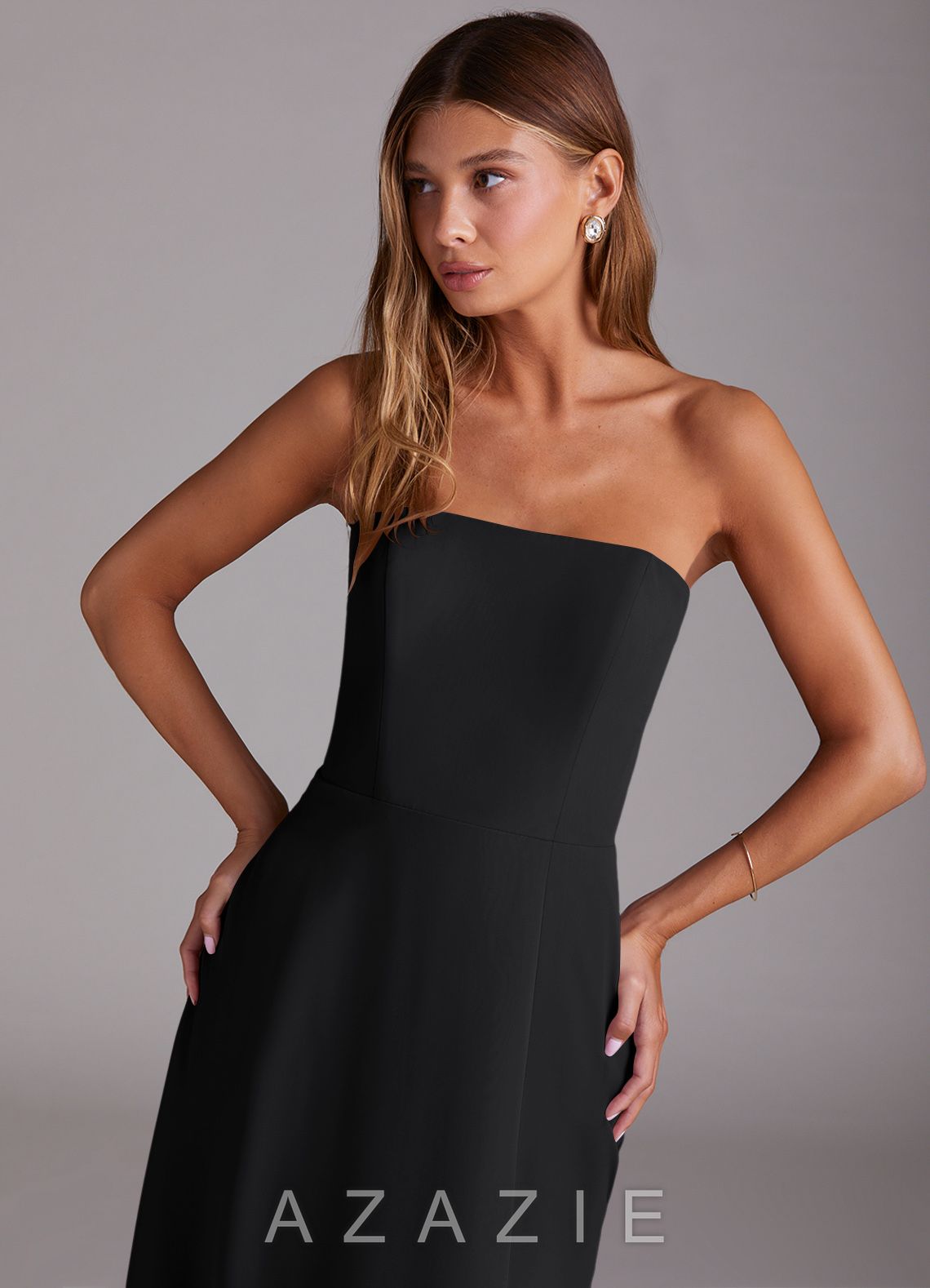 Azazie Wren Black A-Line Strapless Chiffon Dress black
