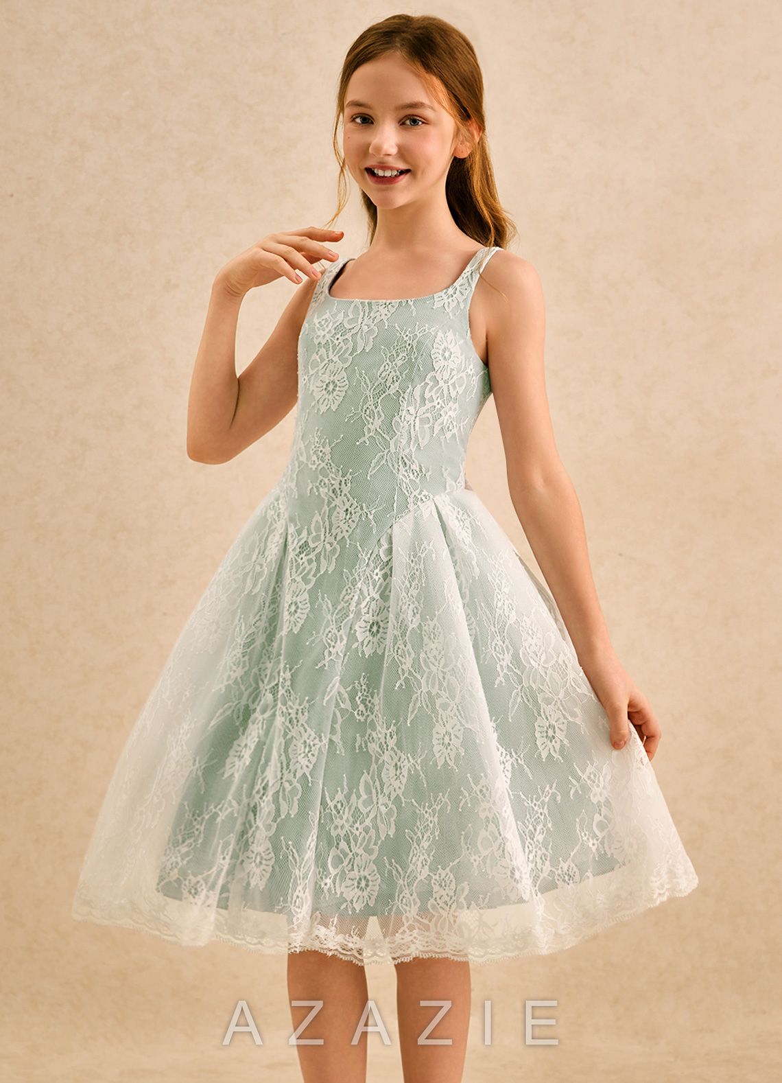 Azazie Cubbie Girls Formal Dusty Sage A-Line Lace Dress dusty_sage