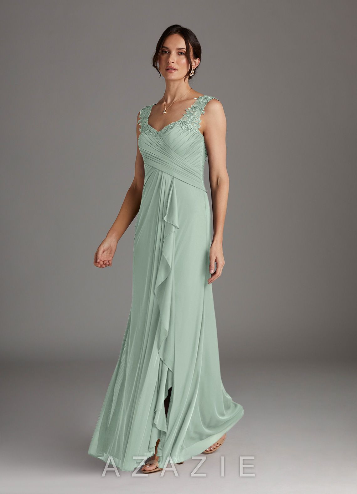 Azazie Edelin Agave A-Line Sweetheart Neckline Pleated Mesh Dress agave