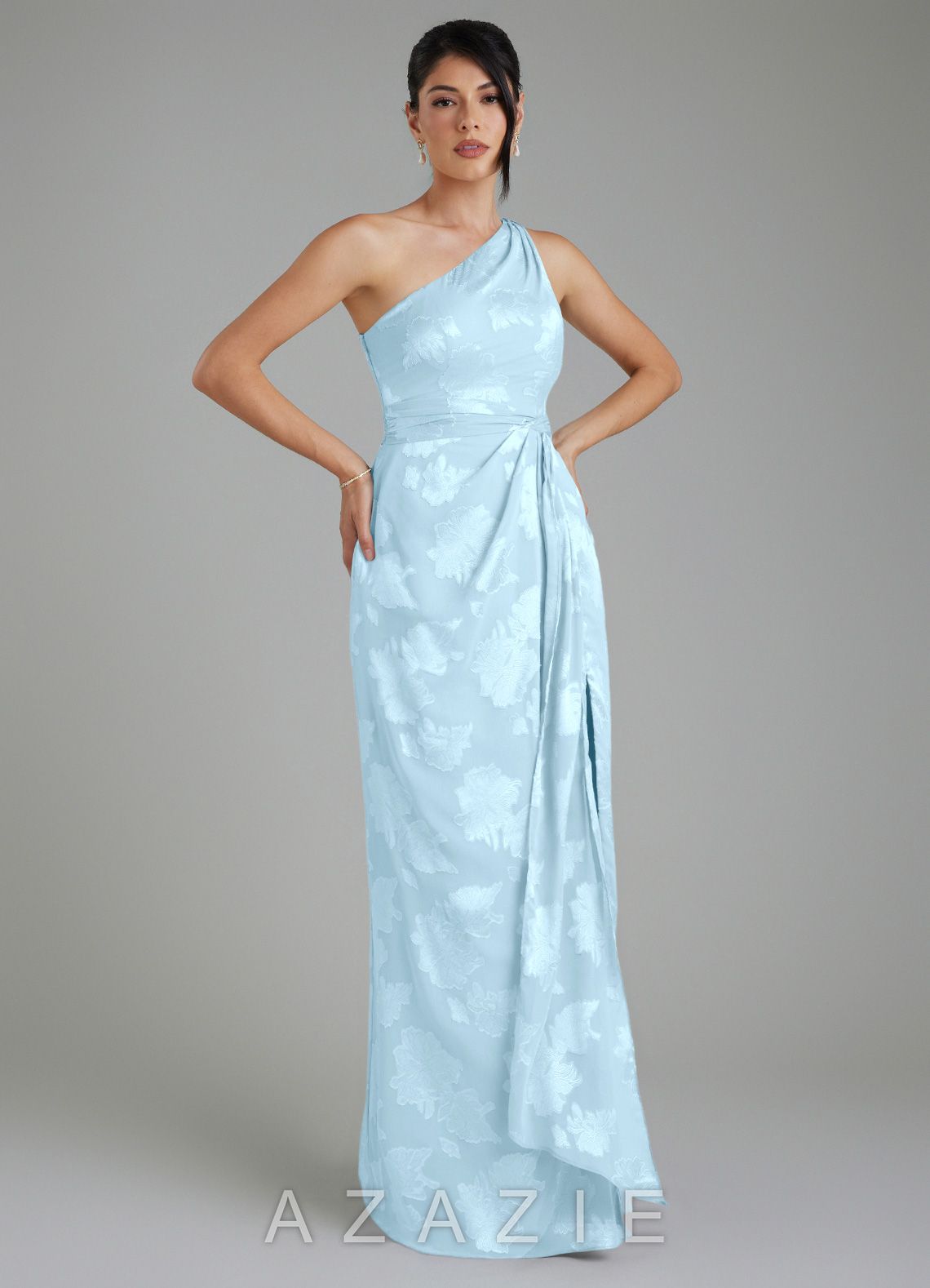 Azazie Apryl Sky Blue A-Line One Shoulder Floral Jacquard Burnout Dress sky_blue