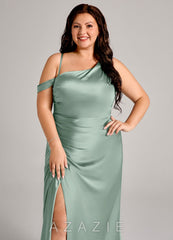 Azazie Madelyn Agave Mermaid One Shoulder Stretch Satin Convertible Dress agave