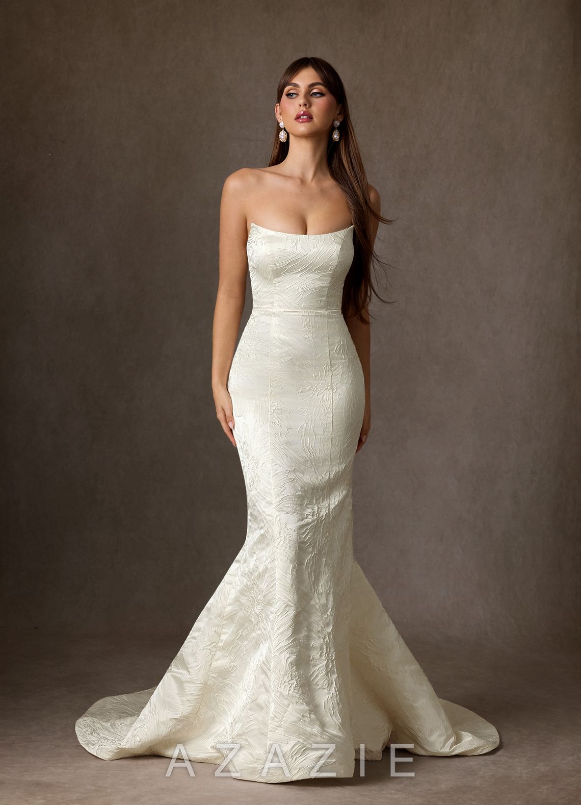 Azazie Serephina Antique White Mermaid Strapless Floral Jacquard Dress