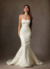 Azazie Serephina Antique White Mermaid Strapless Floral Jacquard Dress