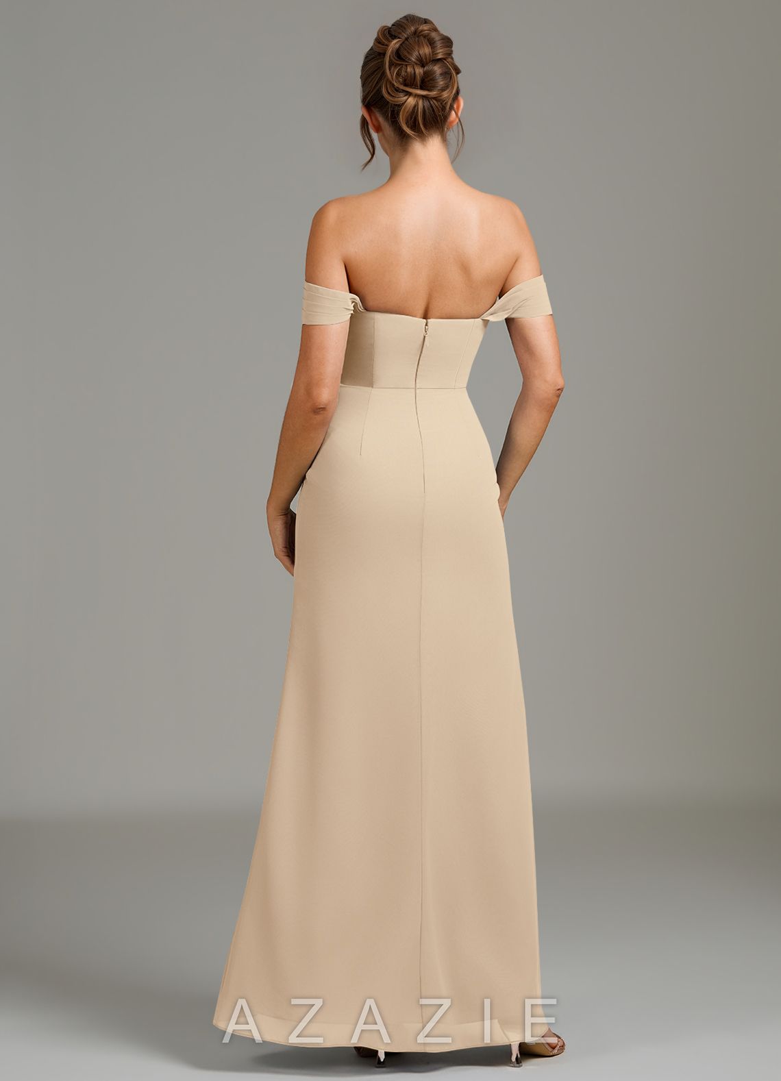 Azazie Jalice Champagne Mermaid Off the Shoulder Chiffon Dress champagne