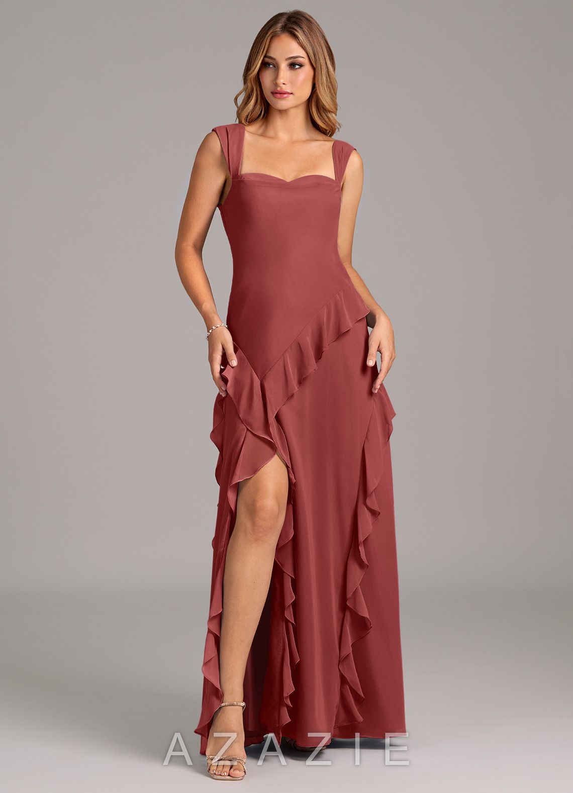 Azazie Sloane Terracotta A-Line Sweetheart Neckline Chiffon Dress