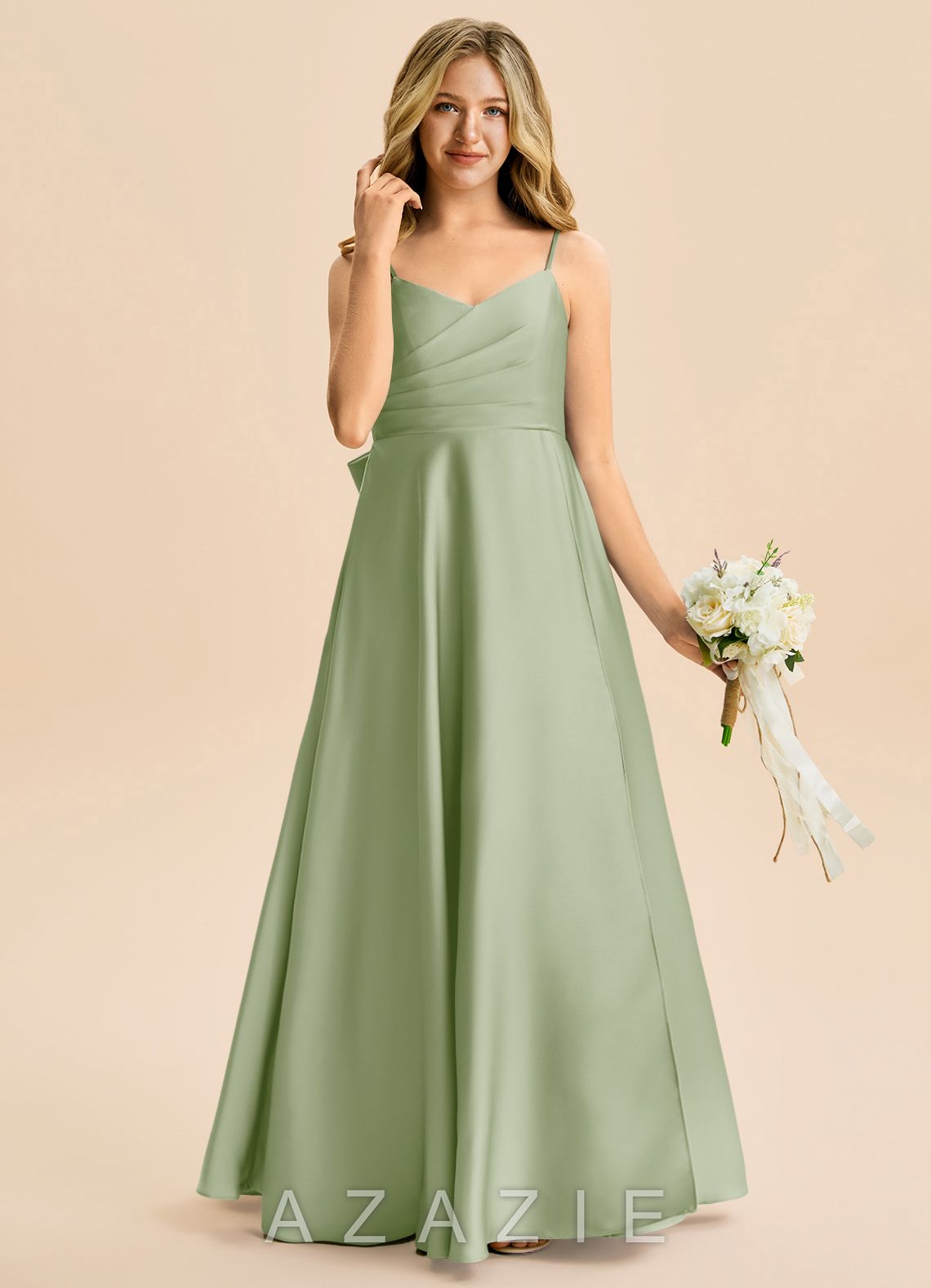 Azazie Rumi Junior Dusty Sage A-Line Pleated Stretch Satin Dress dusty_sage