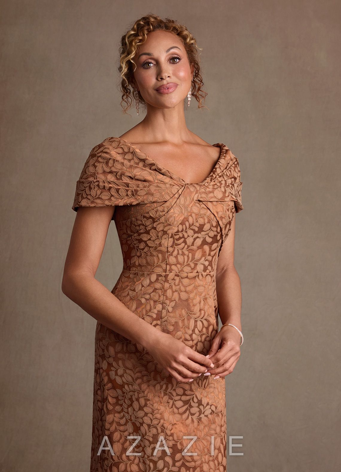 Azazie Atkins Caramel Cocoa Column Off the Shoulder Floral Jacquard Dress caramel_cocoa