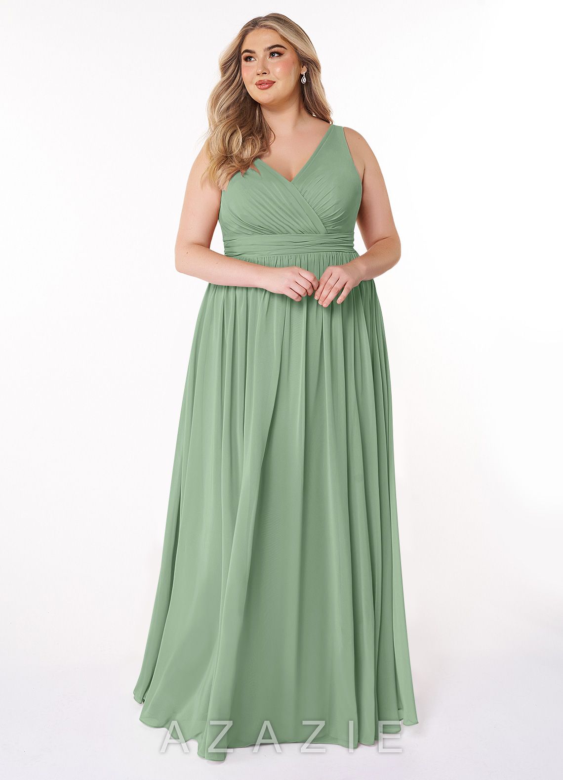 Azazie Kora Matcha A-Line Pleated Chiffon Dress matcha