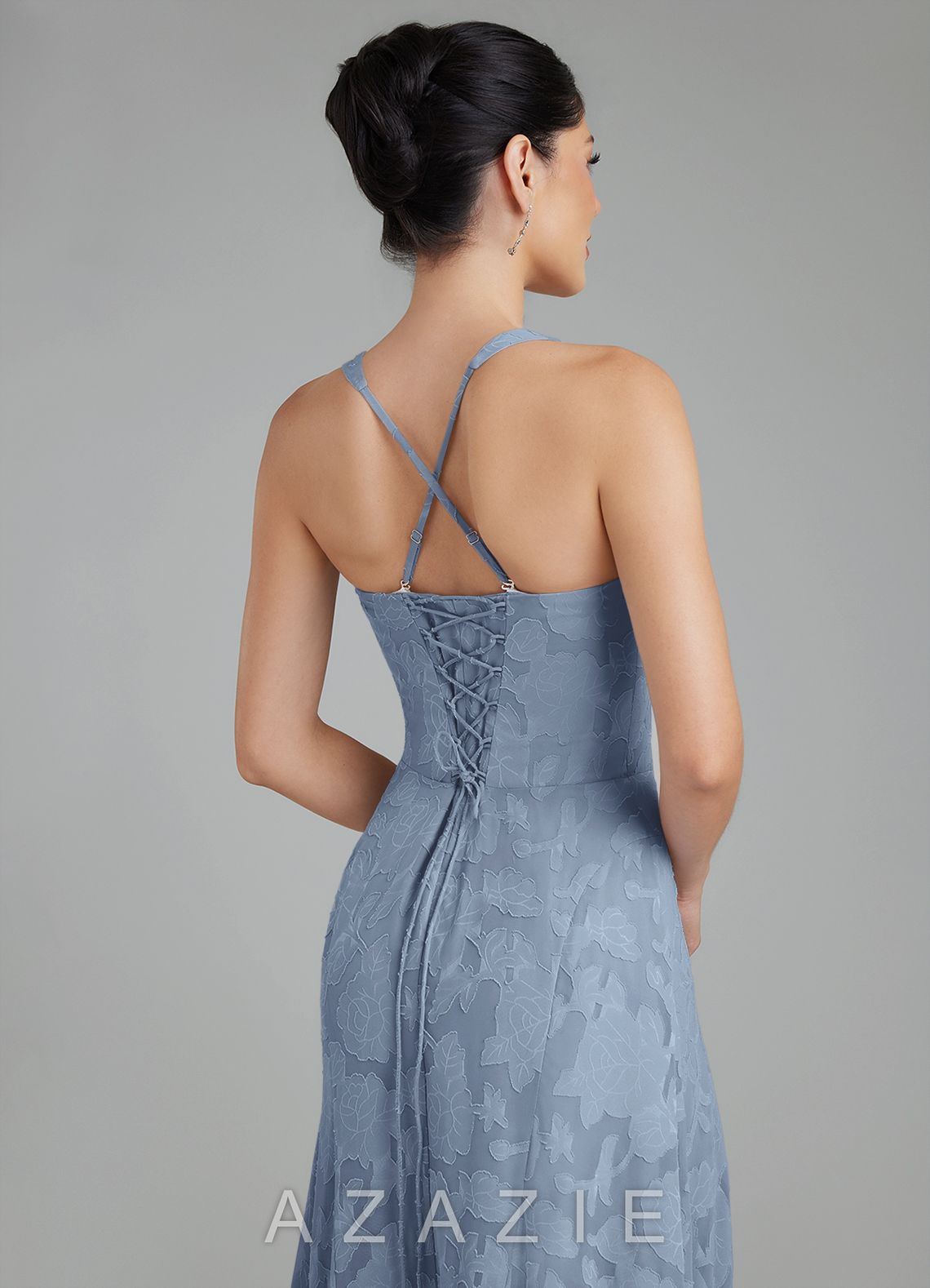 Azazie Bea Dusty Blue A-Line Corset Floral Burnout Dress dusty_blue