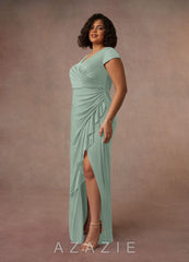 Azazie Roya Agave Mermaid V-Neck Pleated Mesh Dress agave