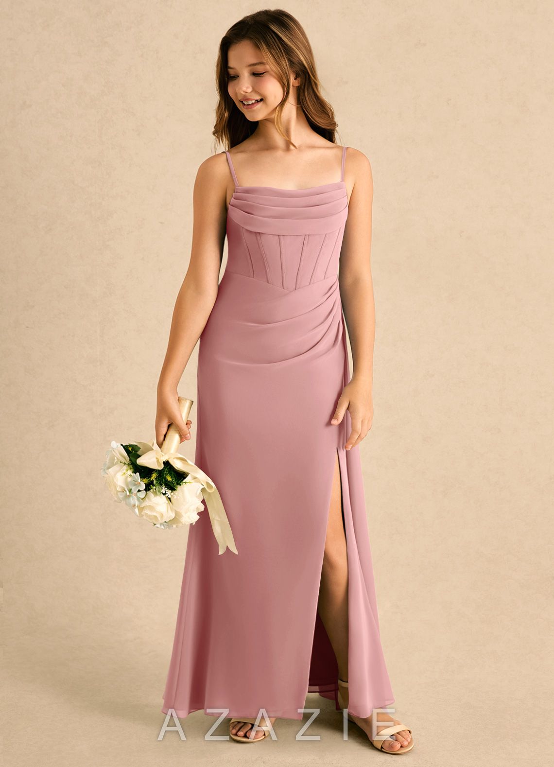 Azazie Moxie Girls Formal Dusty Rose A-Line Lace Chiffon Dress dusty_rose