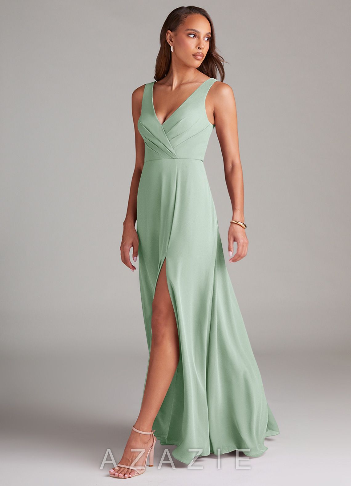 Azazie Nelly Agave A-Line Pleated Chiffon Dress agave