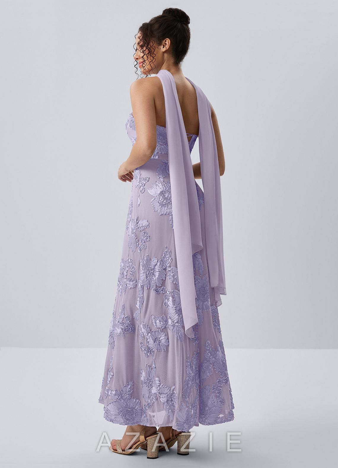 Esperanza Pale Purple Strapless 3D Floral Applique Maxi Dress