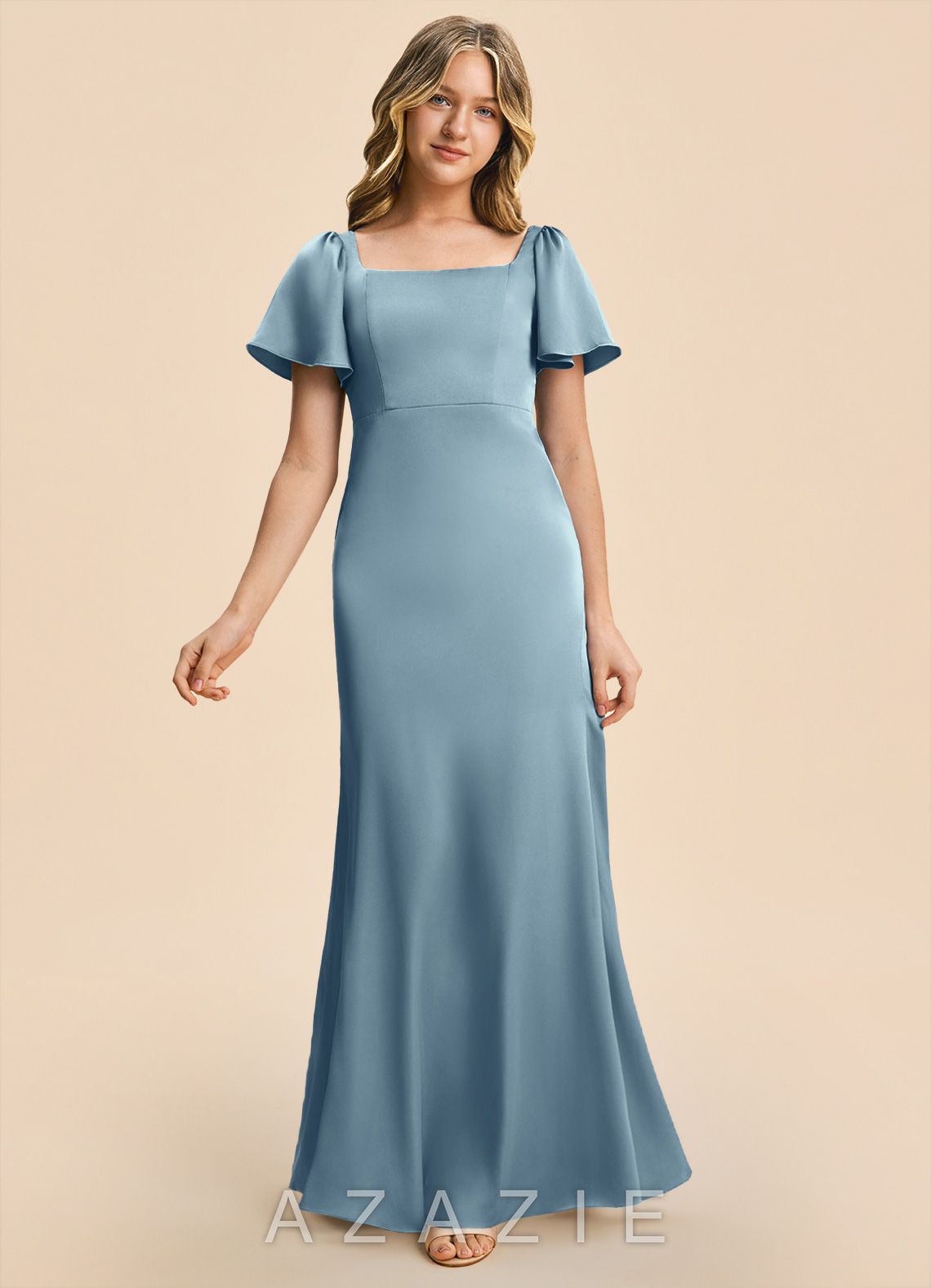Azazie Chace Junior Dusty Blue Sheath Stretch Satin Dress dusty_blue