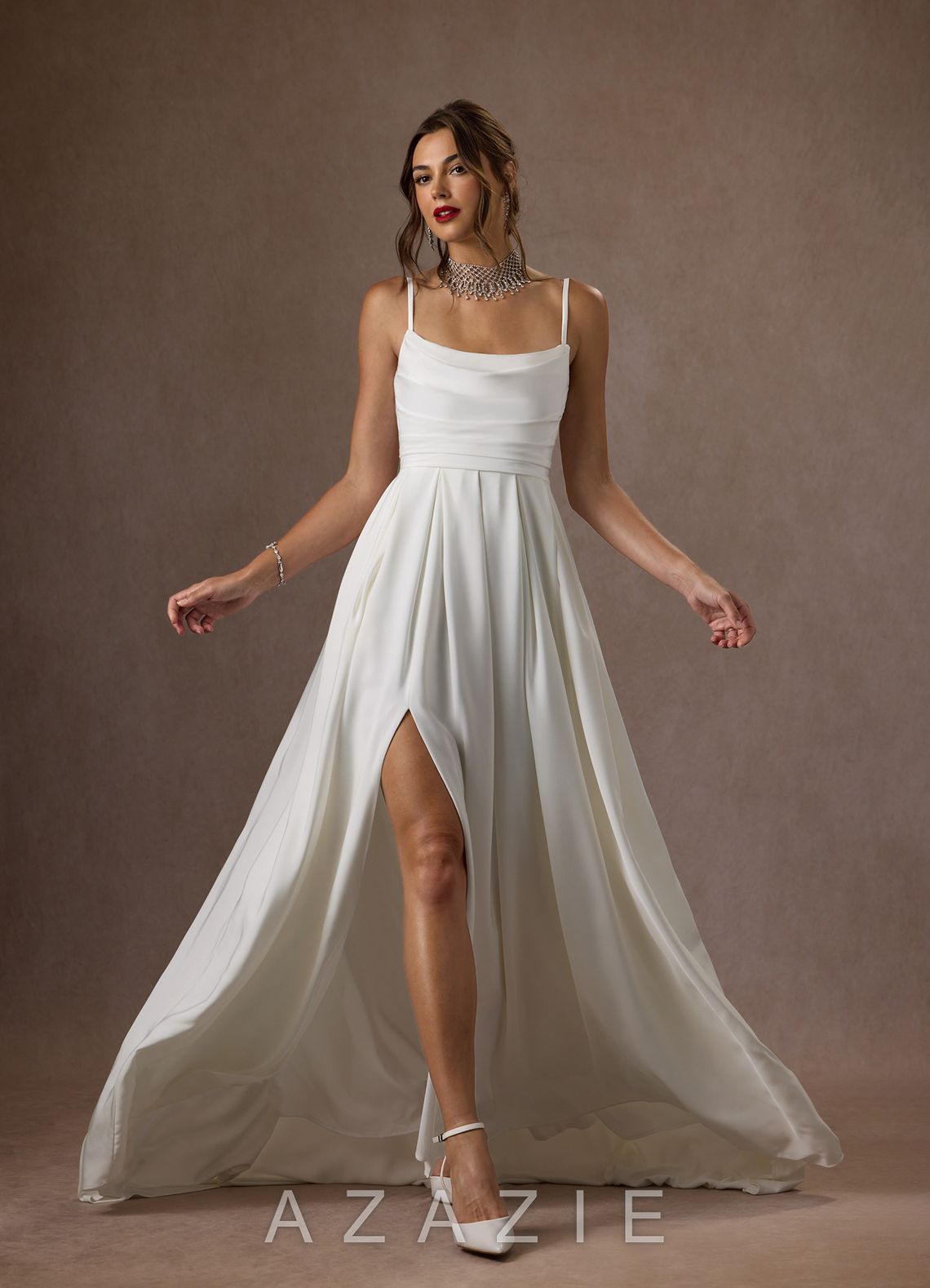 Azazie Caymus Wedding Dress Diamond White A-Line Scoop Pleated Crepe Back Satin Dress diamond_white