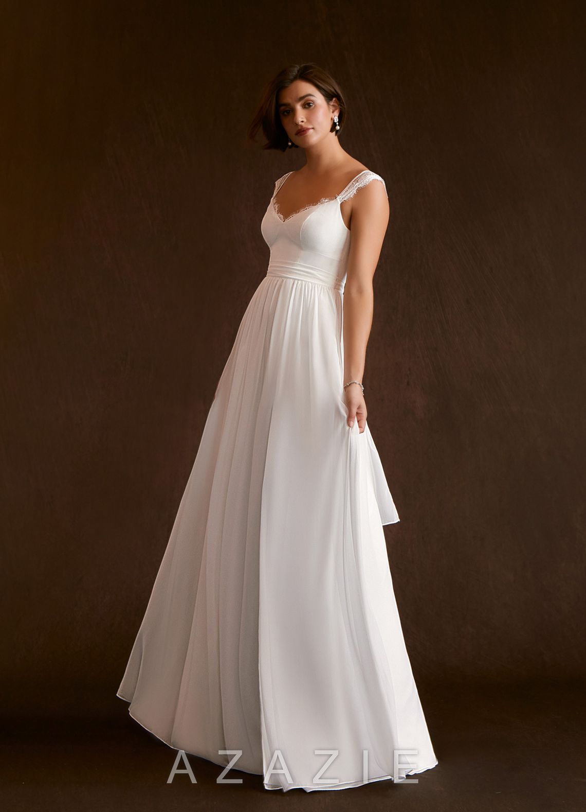 Azazie Aubriella Wedding Dress Diamond White A-Line Lace Chiffon Dress diamond_white