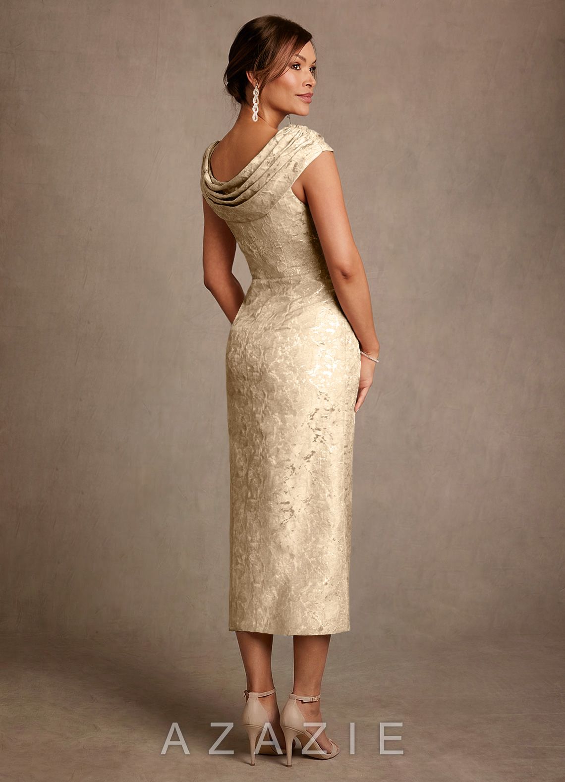Azazie Alpine Champagne A-Line Pleated Floral Jacquard Dress champagne