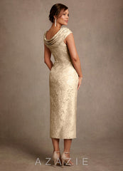 Azazie Alpine Champagne A-Line Pleated Floral Jacquard Dress champagne