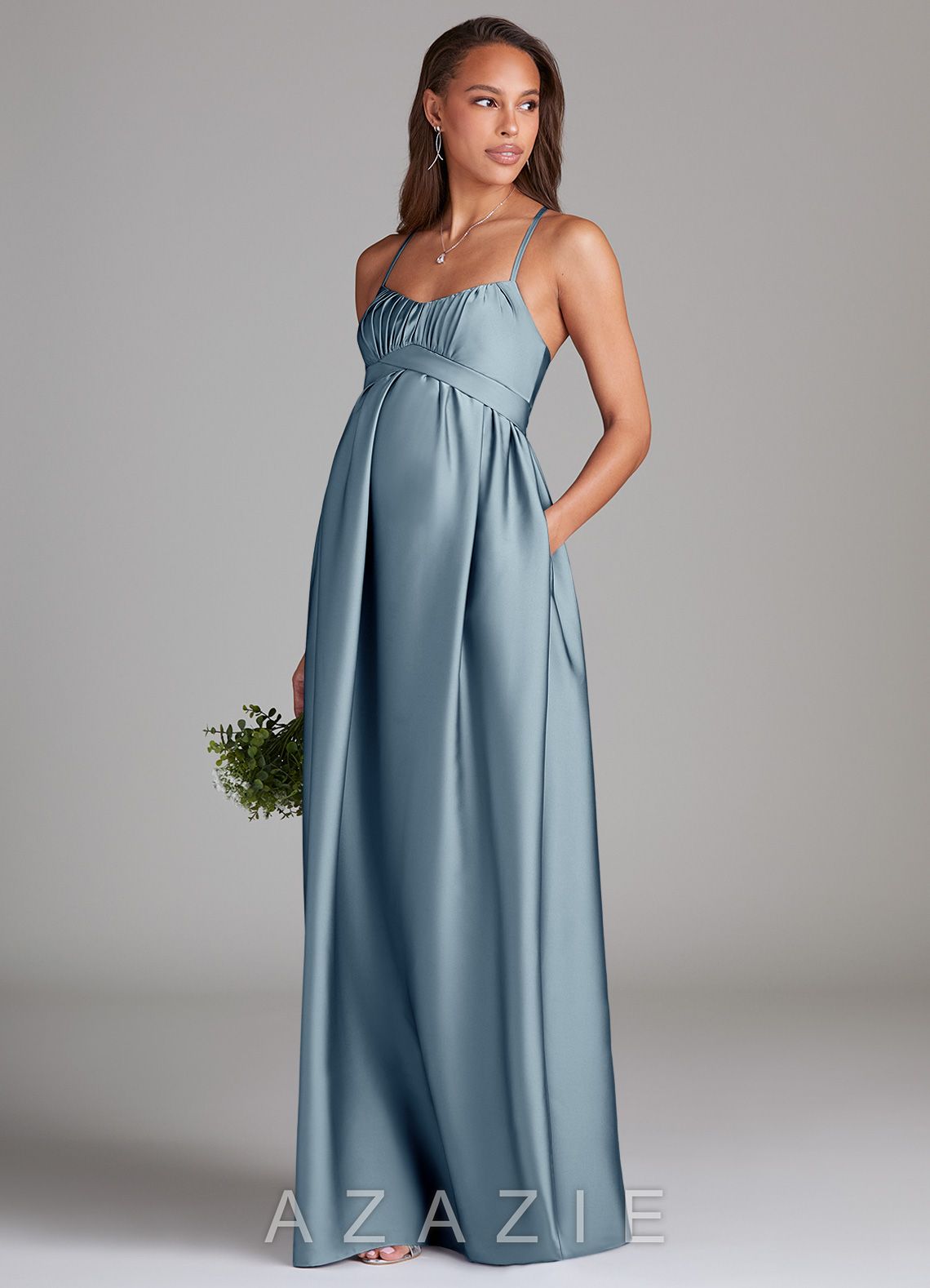 Azazie Llana A-Line Stretch Satin Floor-Length Dress with Pockets dusty_blue