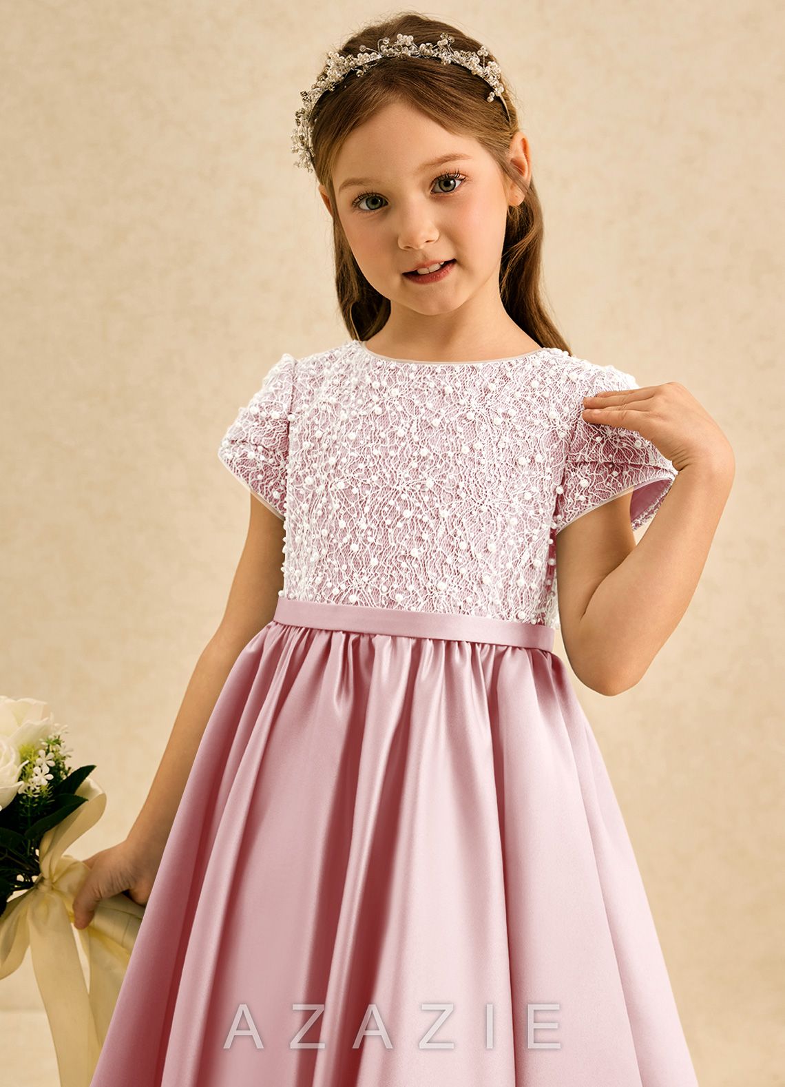 Azazie Cashew Powder Pink Ball-Gown with Sleeves Matte Satin Dress powder_pink