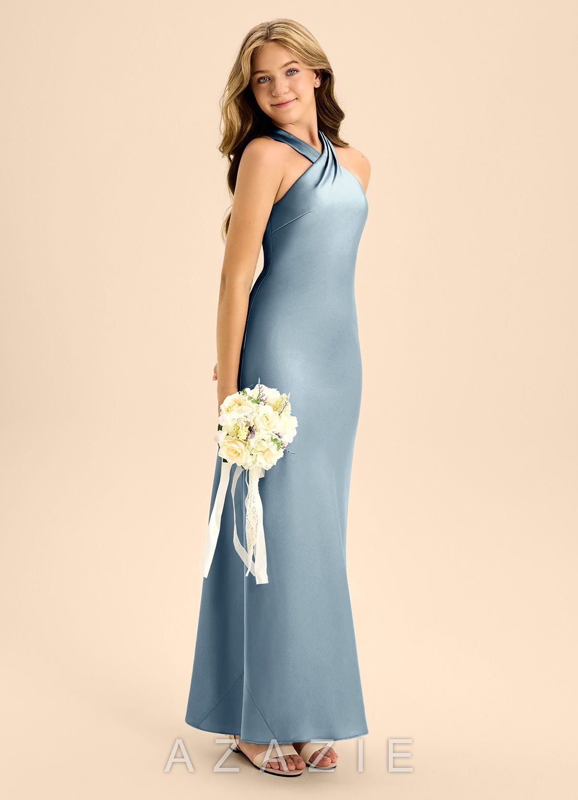 Azazie Doretta Junior Dusty Blue Mermaid Pleated Stretch Satin Dress dusty_blue