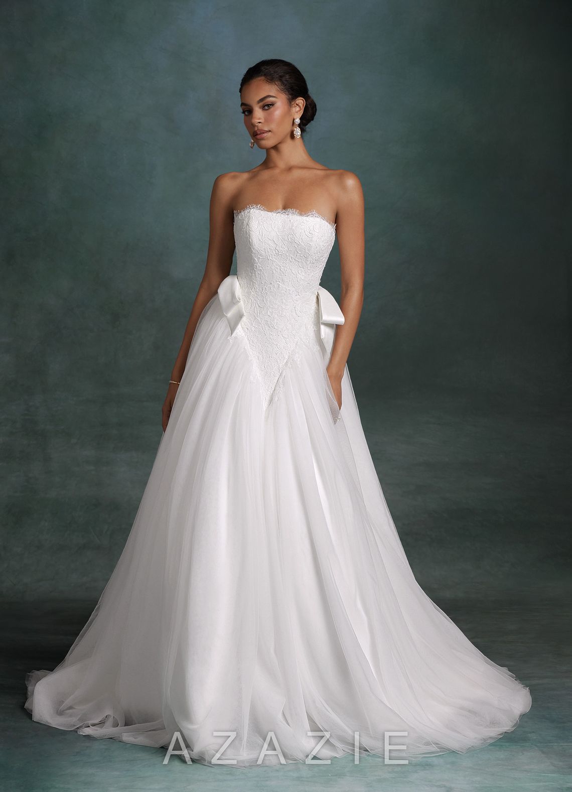 Azazie Raya Diamond White Ball-Gown Strapless Tulle Dress