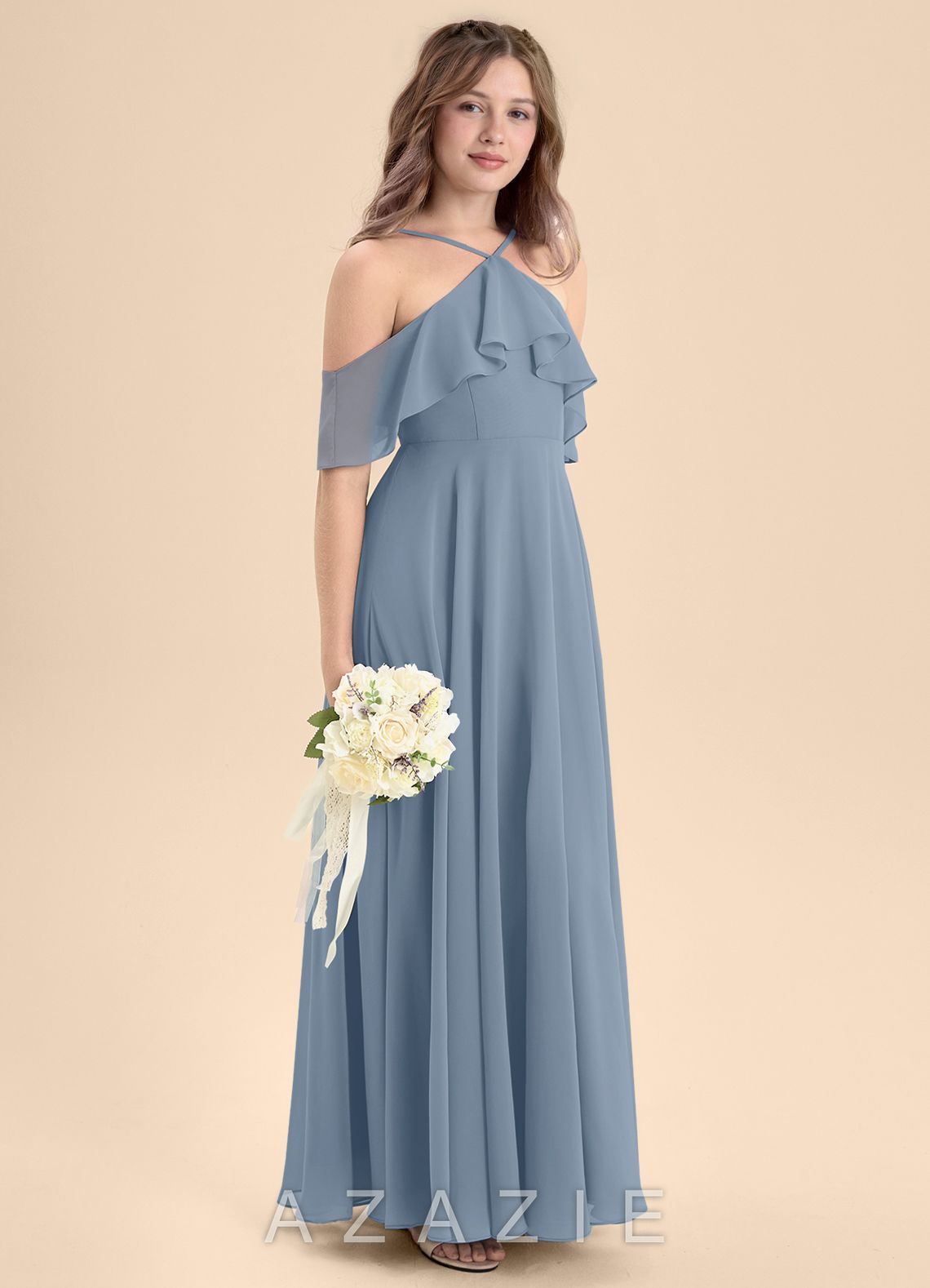 Azazie Tessabelle Junior Dusty Blue A-Line Off the Shoulder Chiffon Dress