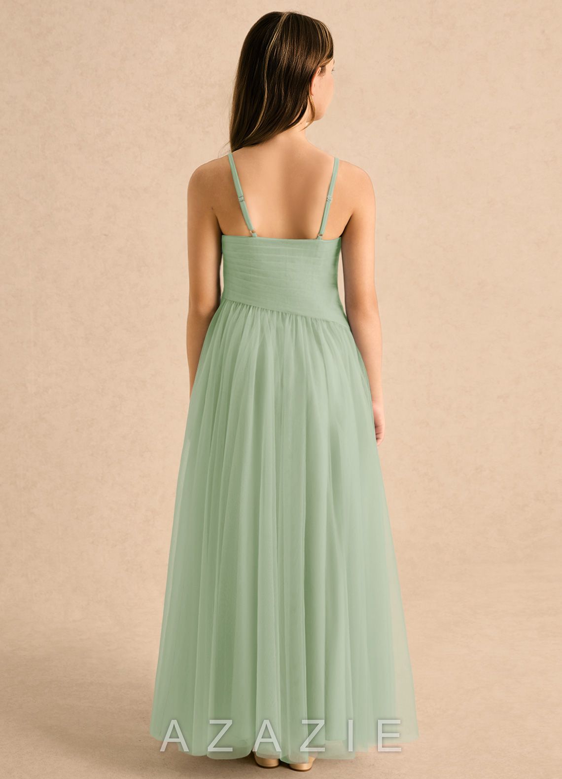 Azazie Poppy Girls Formal Dusty Sage A-Line Pleated Tulle Dress dusty_sage