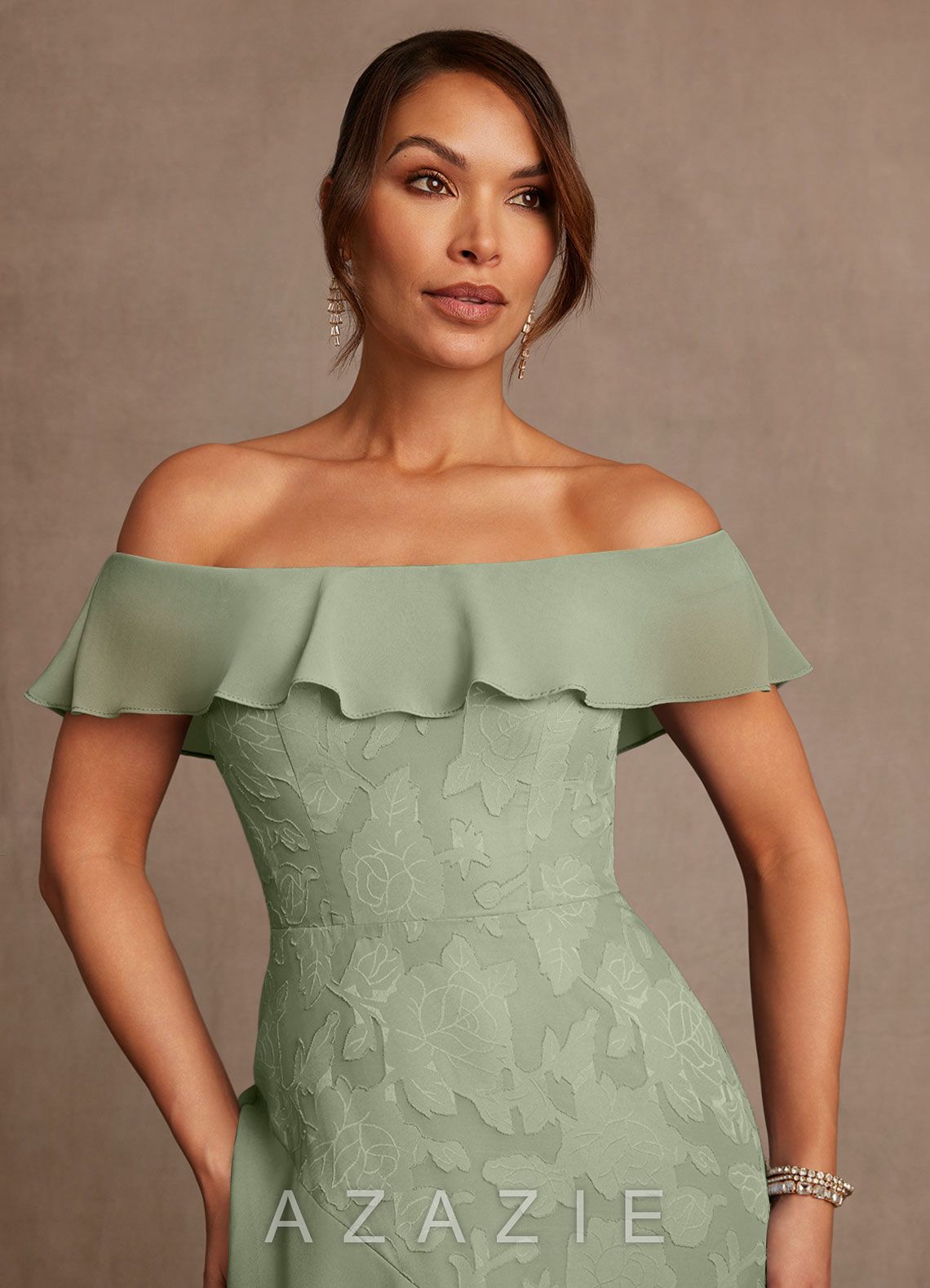 Azazie Marina Agave A-Line Off the Shoulder Floral Burnout Dress agave