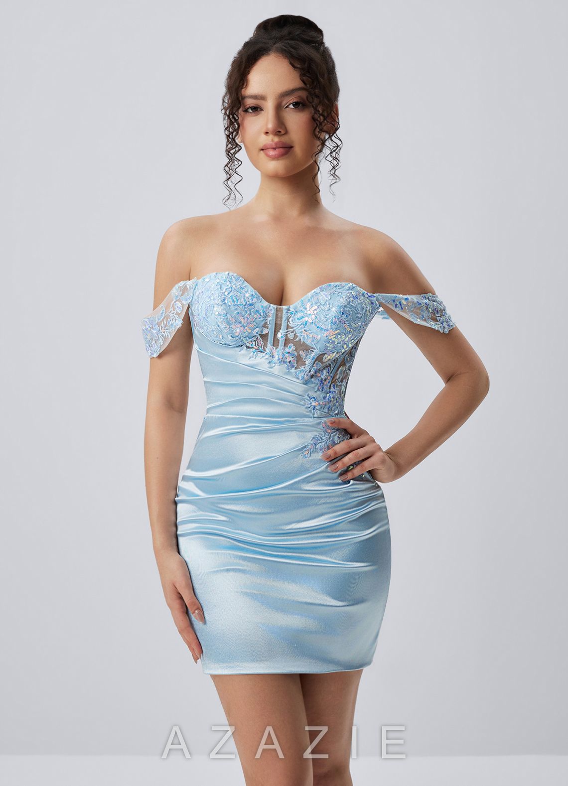 Justine Blue Off Shoulder Satin Lace Lace-Up Mini Dress