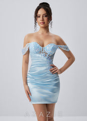 Justine Blue Off Shoulder Satin Lace Lace-Up Mini Dress