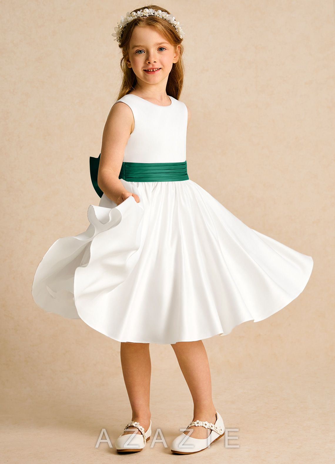 Azazie Sosie Ivory Emerald A-Line Pleated Matte Satin Dress ivory/emerald
