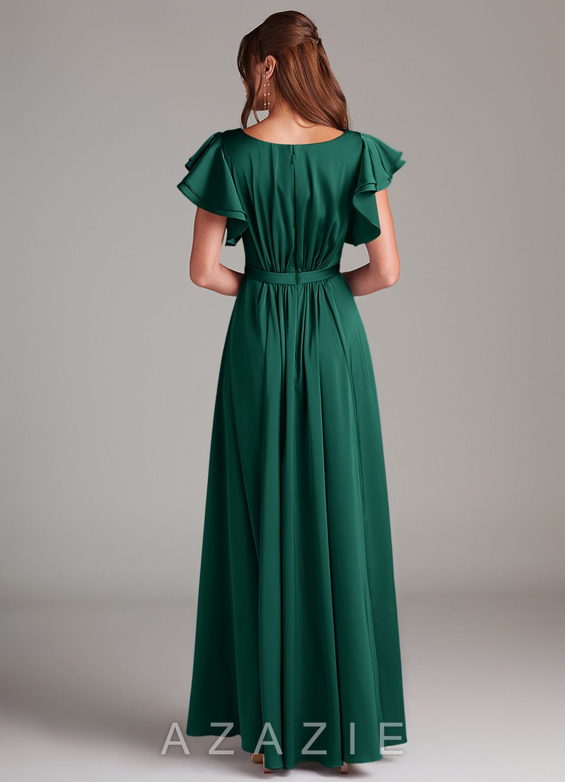 Azazie Daphne A-Line Ruched Stretch Satin Floor-Length Dress emerald