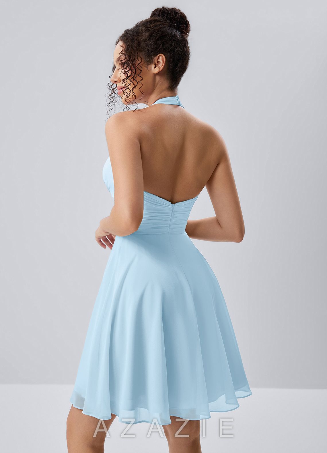 Joviannelle Light Blue Halter Hand Ruched Chiffon Mini Dress