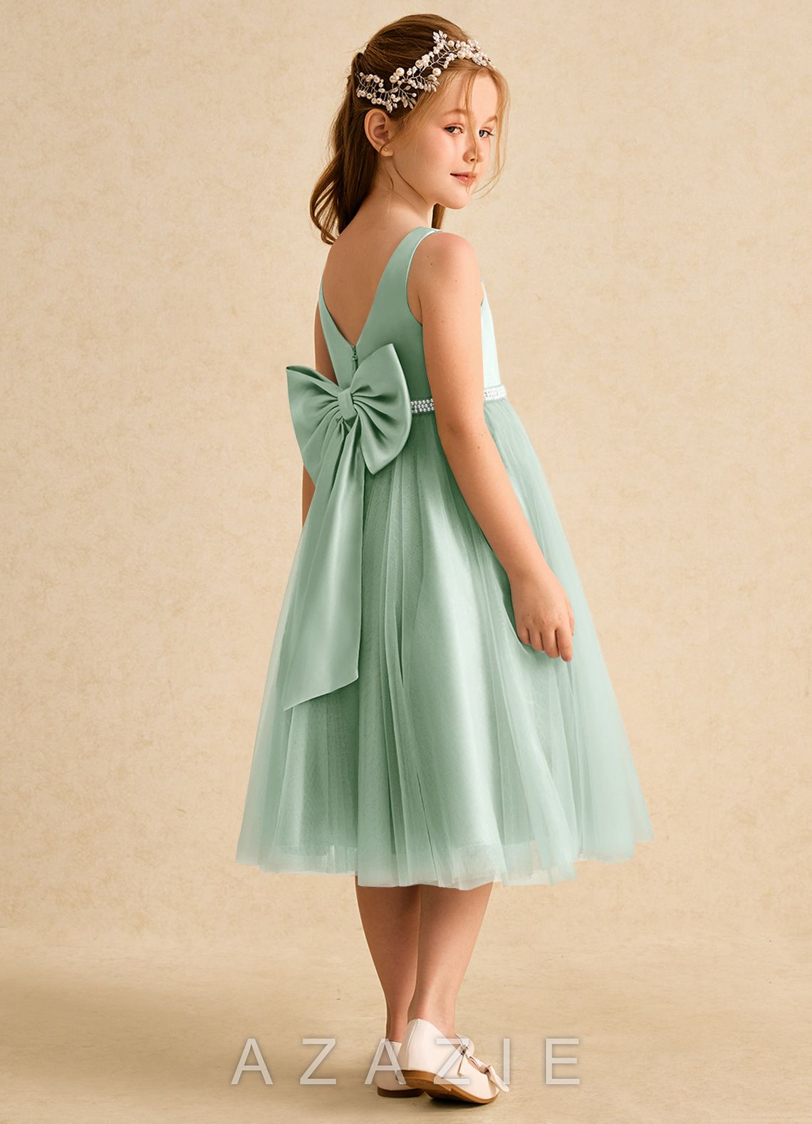 Azazie Firefly Agave A-Line Bow Matte Satin Dress agave