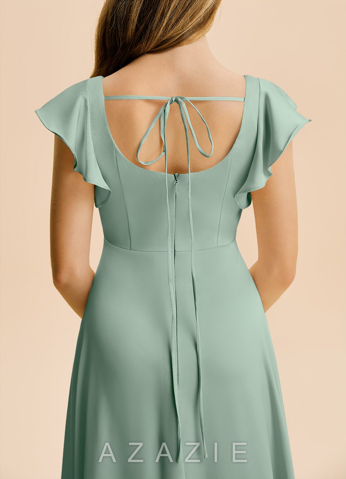 Azazie Bondi Junior Agave A-Line Side Slit Stretch Satin Dress agave