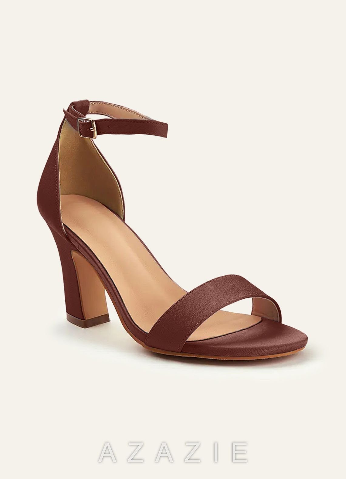 Matching Color Stretch Satin One Strap Buckle Chunky Heel Sandals  espresso
