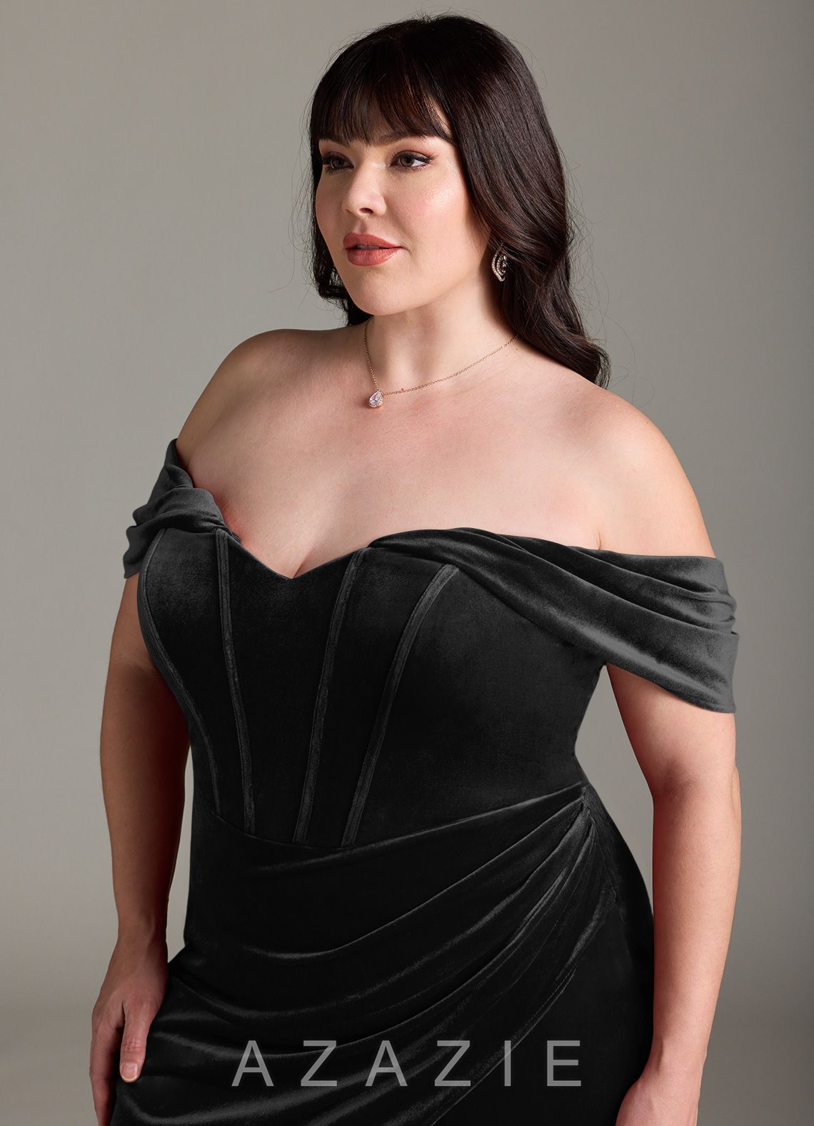 Azazie Jas Black Sheath Off-The-Shoulder Corset Velvet Convertible Dress black