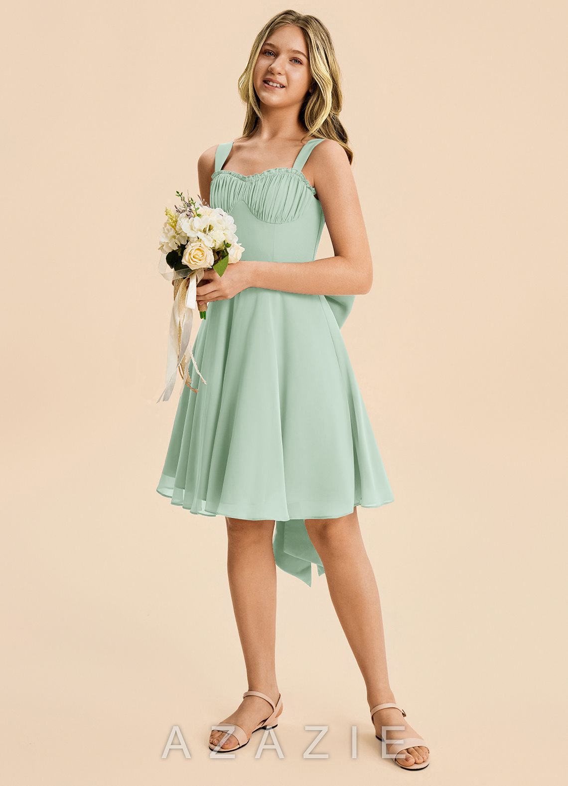 Azazie Arie Junior Agave A-Line Ruched Chiffon Dress agave
