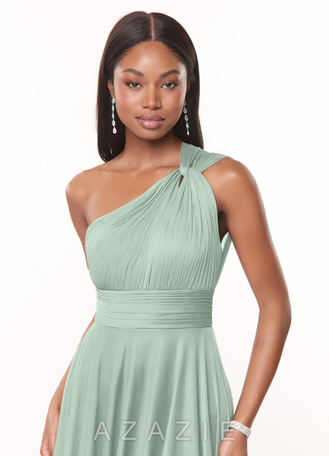 Azazie Charlize Agave A-Line One Shoulder Mesh Dress agave
