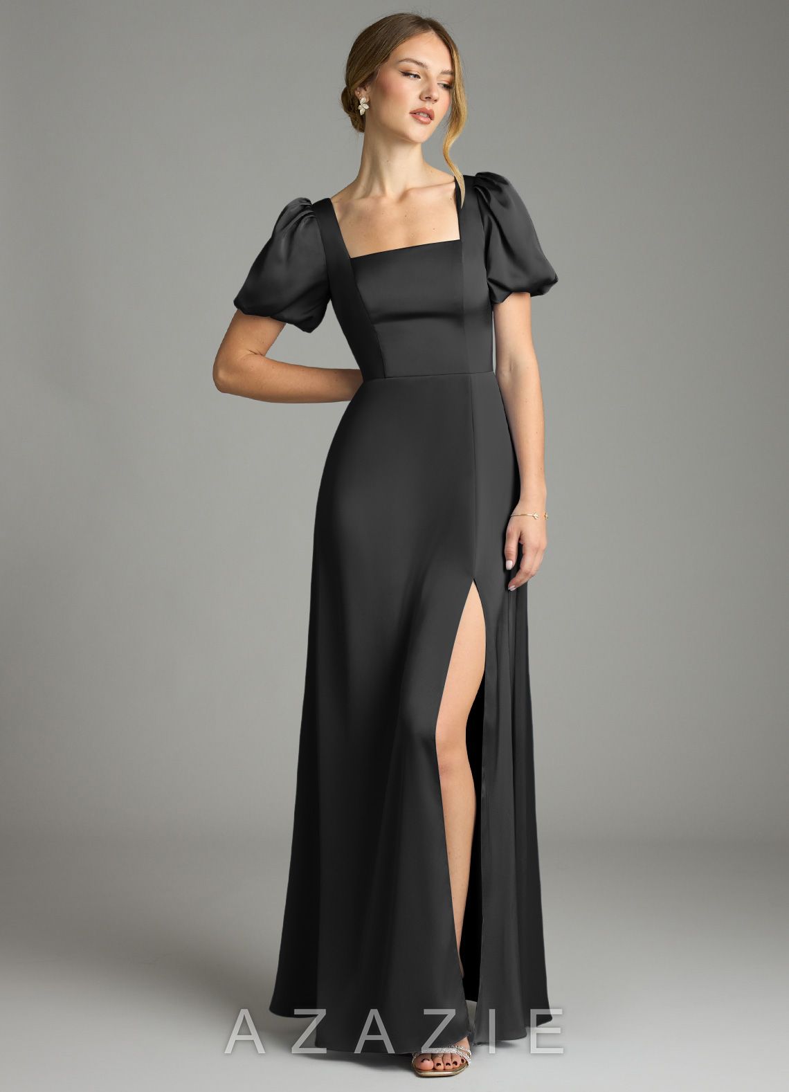 Azazie Fyona Black A-Line Pleated Stretch Satin Dress black