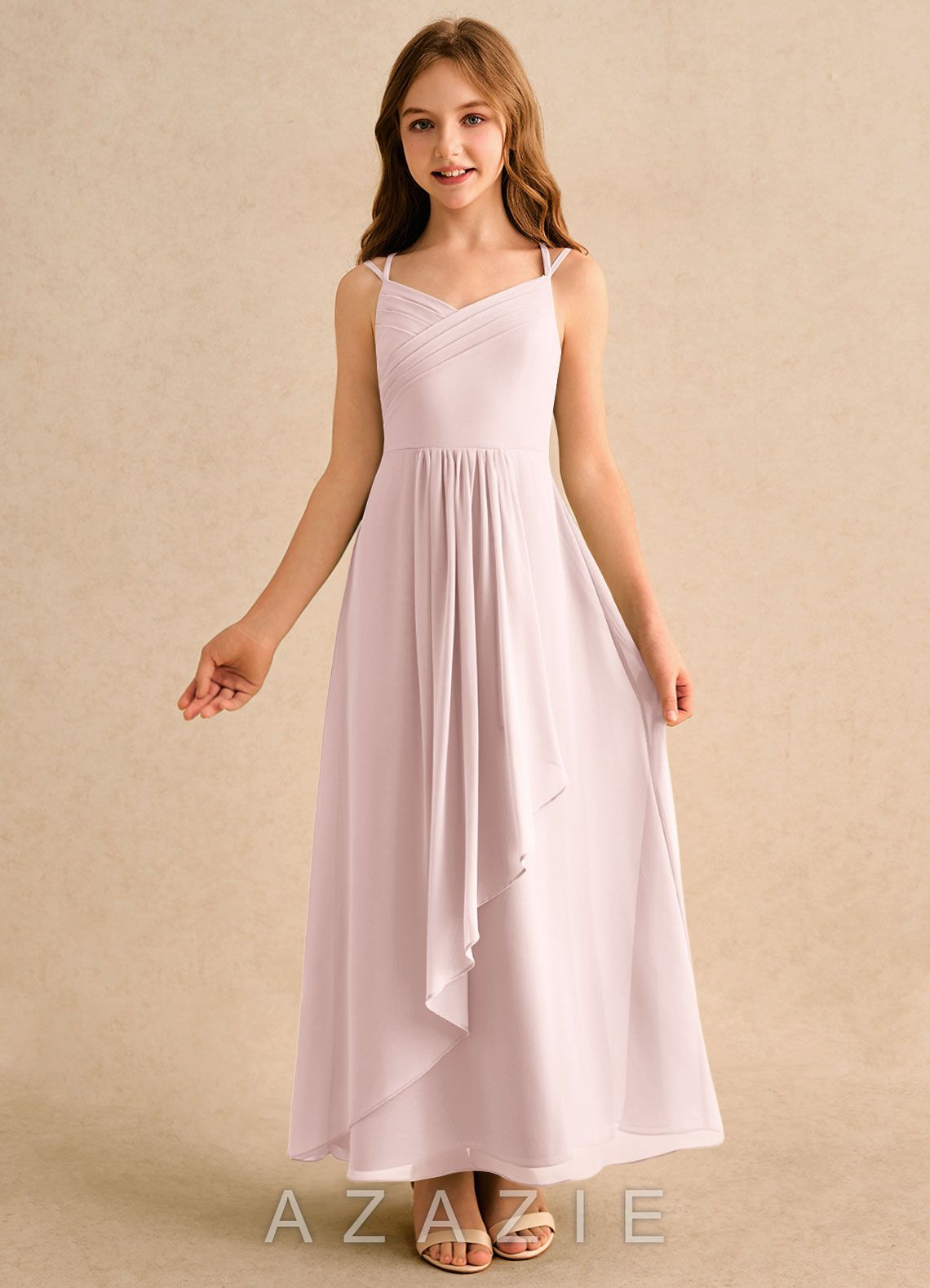 Azazie Zaida Girls Formal Blushing Pink A-Line Pleated Chiffon Dress blushing_pink