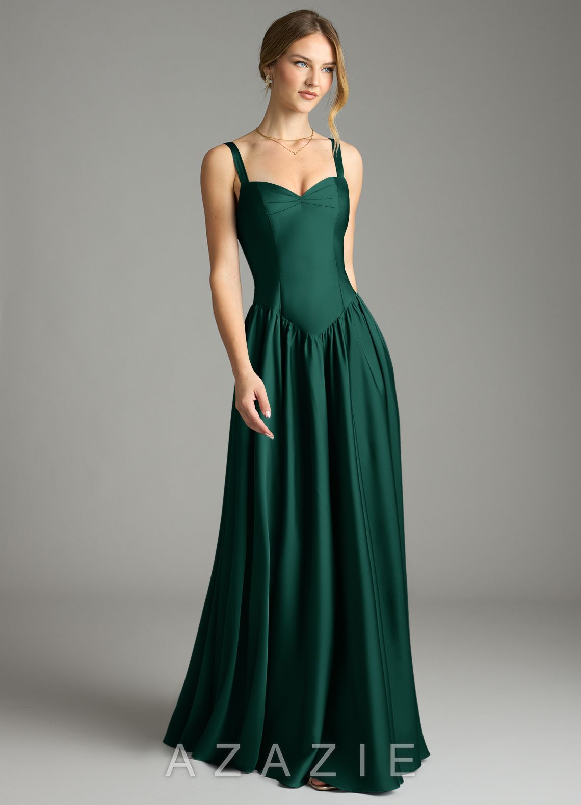 Azazie Evadina Emerald A-Line Corset Stretch Satin Dress